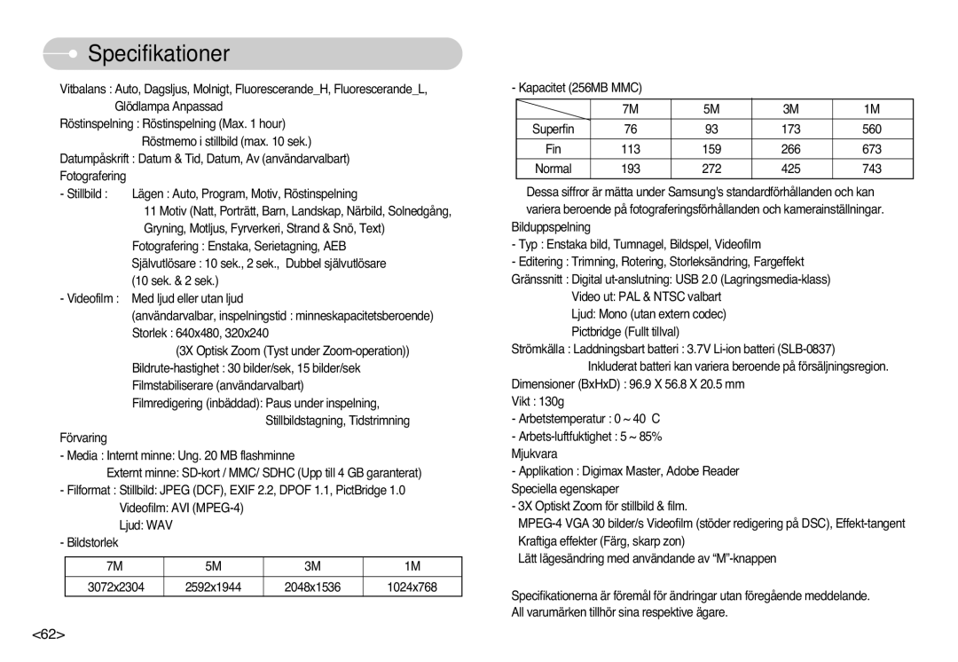 Samsung EC-L700ZSBA/FR, EC-L700ZSBA/DE, EC-L700ZBBA/FR, EC-L700ZBBA/E1, EC-L700ZSBA/E1, EC-L700ZBBA/DE manual Specifikationer 