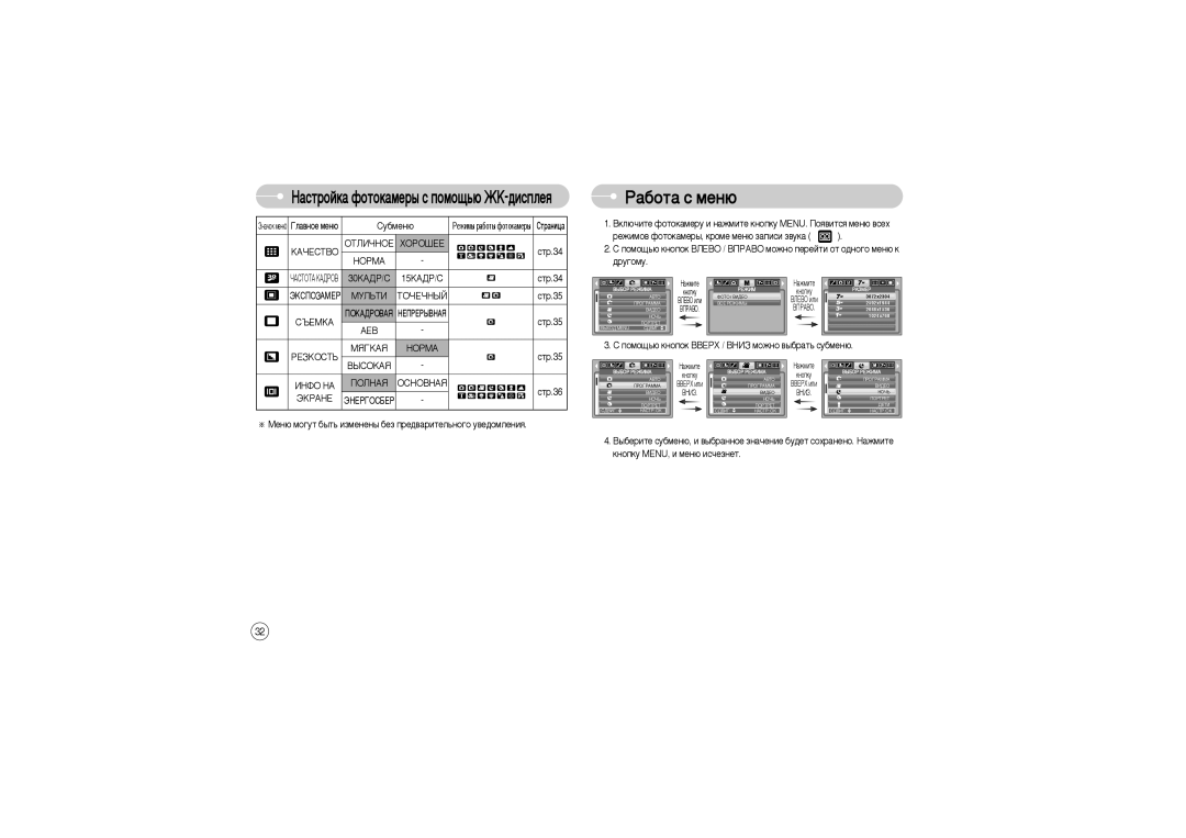 Samsung EC-L700ZBBA/AR, STW-L700S ‡·Óú‡ Ò Ïâì˛, Âêëïó‚ Ùóúóí‡Ïâ˚, Íóïâ Ïâì˛ Á‡Ôëòë Á‚Ûí‡, Íìóôíû MENU, Ë ÏÂÌ˛ ËÒ˜ÂÁÌÂÚ 