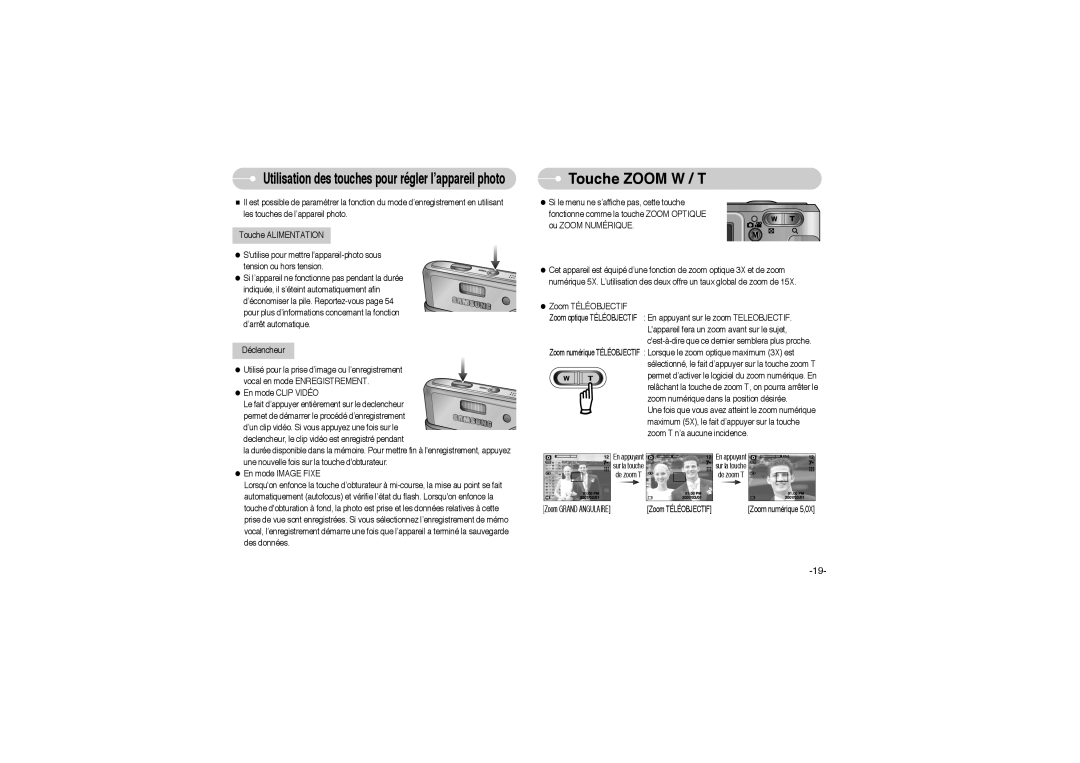 Samsung EC-L700ZSBA/DE, EC-L700ZBBA/FR manual Touche Zoom W / T, Utilisation des touches pour régler l’appareil photo 