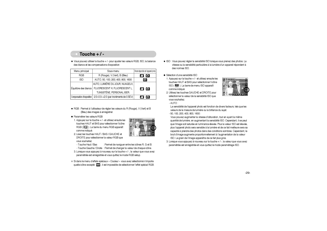 Samsung EC-L700ZSBA/DE, EC-L700ZBBA/FR, EC-L700ZSBE/E1 manual Touche +, Rouge, V Vert, B Bleu, AUTO, 50, 100, 200, 400, 800 