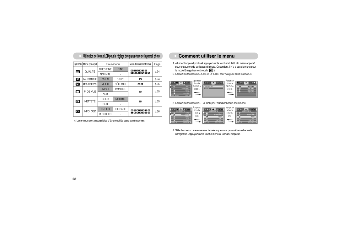 Samsung EC-L700ZBBE/E1, EC-L700ZSBA/DE, EC-L700ZBBA/FR, EC-L700ZSBE/E1, EC-L700ZBBA/E1 manual Comment utiliser le menu 