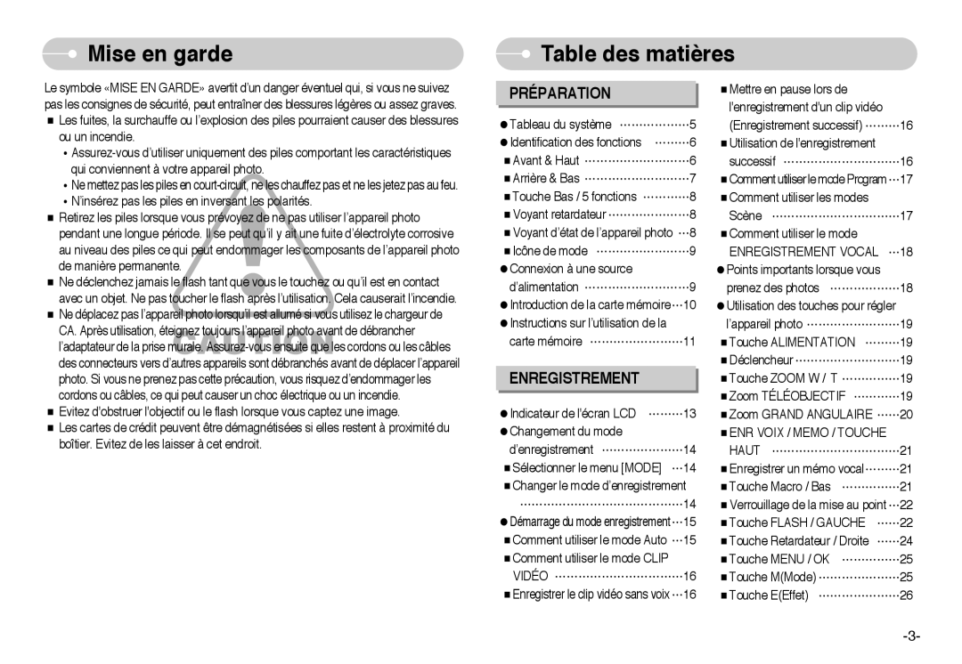 Samsung EC-L700ZBBA/E1 manual Mise en garde, Table des matières, Enregistrement Vocal …18, ENR Voix / Memo / Touche 