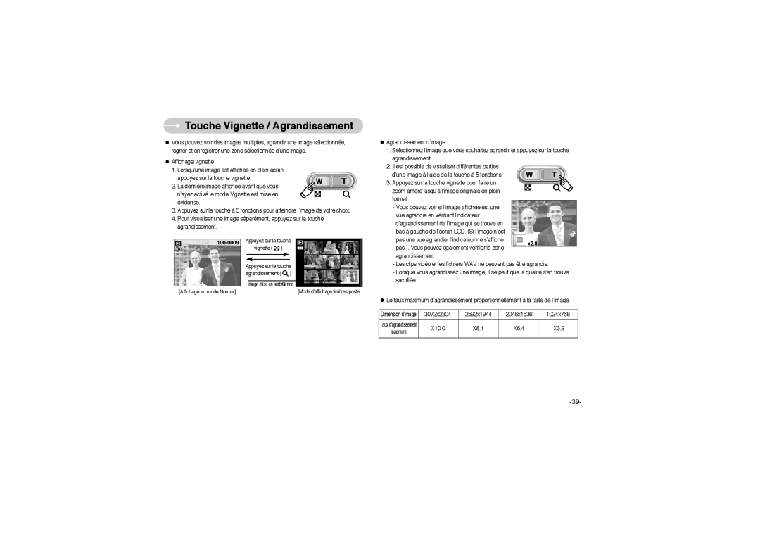 Samsung EC-L700ZSBA/DE manual Touche Vignette / Agrandissement, 2592x1944 2048x1536 1024x768, X10.0 X8.1 X6.4 X3.2 