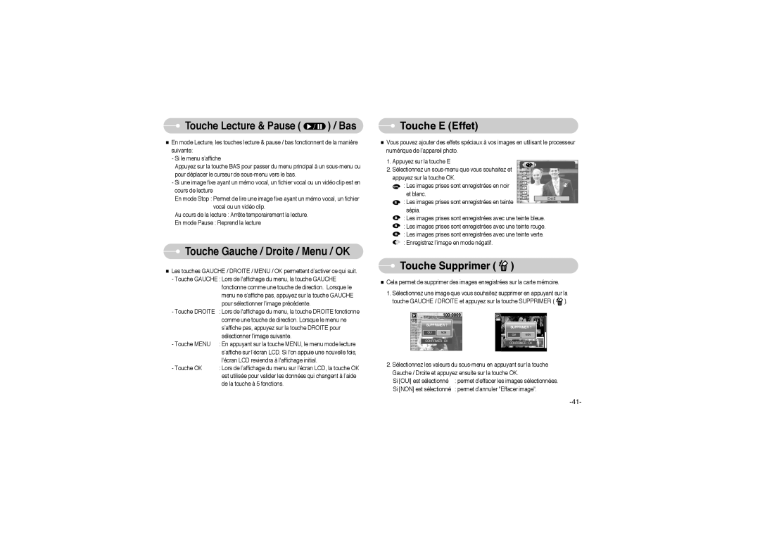 Samsung EC-L700ZSBE/E1 Touche Supprimer, Suivante, Si le menu s’affiche, Pour déplacer le curseur de sous-menu vers le bas 