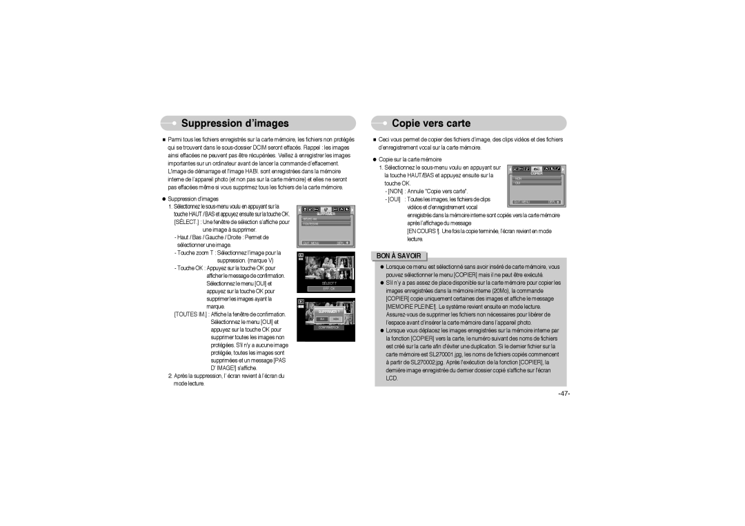 Samsung EC-L700ZBBB/FR, EC-L700ZSBA/DE, EC-L700ZBBA/FR manual NON Annule Copie vers carte Suppression d’images 