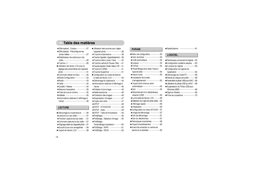 Samsung EC-L700ZSBA/FR, EC-L700ZSBA/DE manual Dpof Standard ……………48, Dpof Index ……………………48, Spécifications ……………………61 