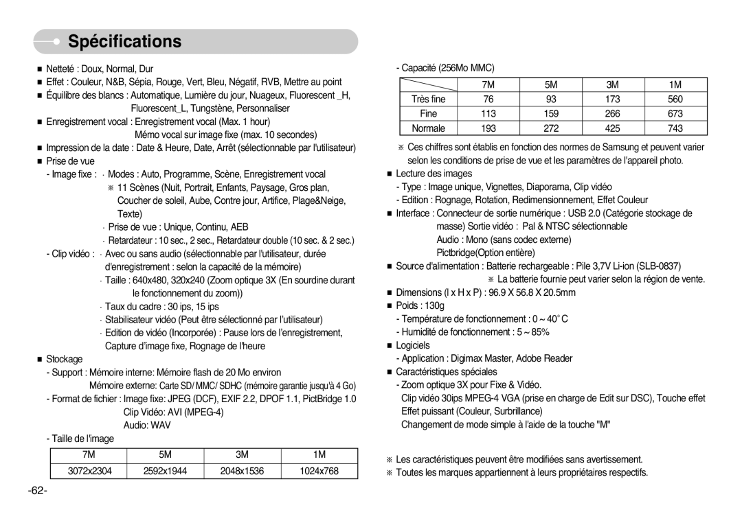 Samsung EC-L700ZBBE/E1, EC-L700ZSBA/DE, EC-L700ZBBA/FR, EC-L700ZSBE/E1, EC-L700ZBBA/E1, EC-L700ZSBA/FR manual Spécifications 