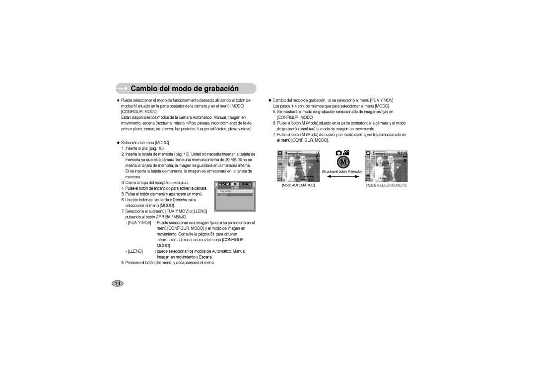 Samsung EC-L700ZBBA/DE, EC-L700ZSBA/DE, EC-L700ZBBA/FR, EC-L700ZSBE/E1 manual Cambio del modo de grabación, Fija Y MOV, Lleno 