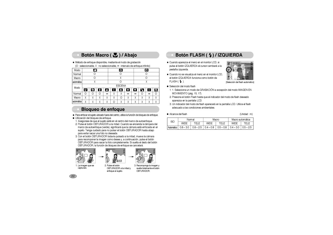 Samsung EC-L700ZBBA/DE, EC-L700ZSBA/DE, EC-L700ZBBA/FR manual Bloqueo de enfoque, Botón Flash / Izquierda, Wide Tele 