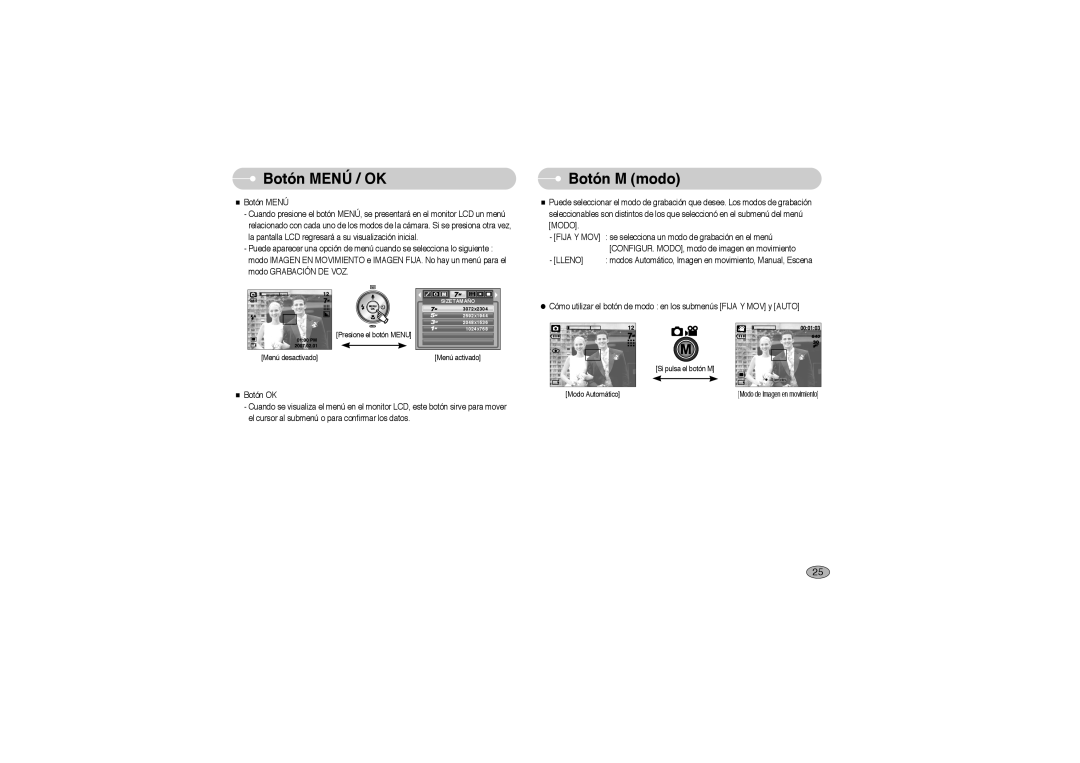 Samsung EC-L700ZSBE/E1, EC-L700ZSBA/DE, EC-L700ZBBA/FR, EC-L700ZBBE/E1, EC-L700ZBBA/E1 manual Botón Menú / OK, Botón M modo 