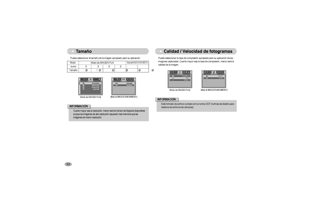 Samsung EC-L700ZBBE/E1, EC-L700ZSBA/DE, EC-L700ZBBA/FR, EC-L700ZSBE/E1 manual Tamaño, Calidad / Velocidad de fotogramas 