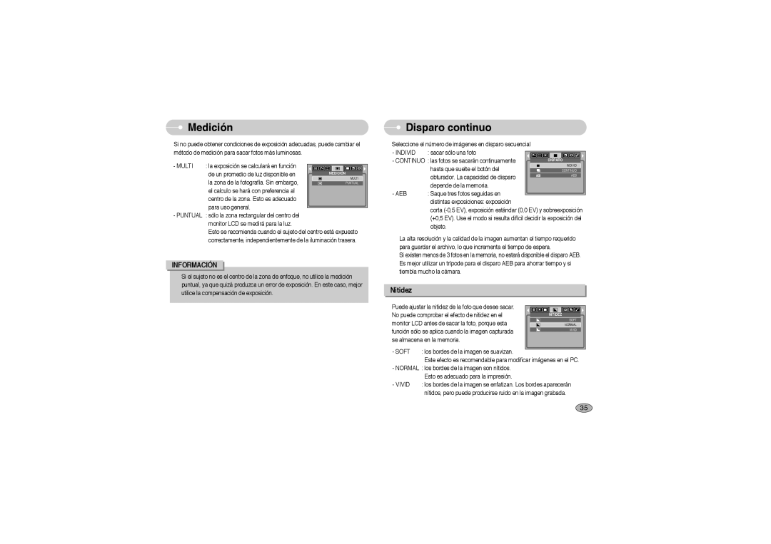 Samsung EC-L700ZBBA/E1, EC-L700ZSBA/DE, EC-L700ZBBA/FR, EC-L700ZSBE/E1 manual Medición, Disparo continuo, Nitidez, Soft 