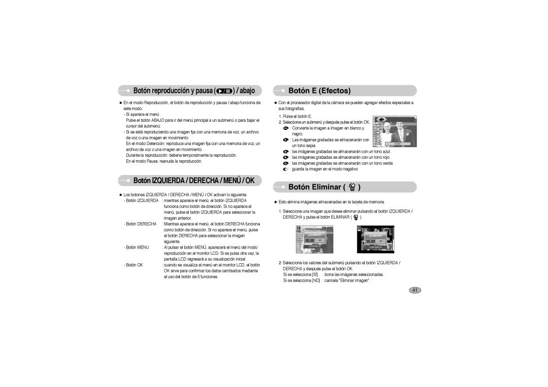 Samsung EC-L700ZSBE/E1, EC-L700ZSBA/DE, EC-L700ZBBA/FR, EC-L700ZBBE/E1, EC-L700ZBBA/E1 manual Botón E Efectos, Botón Eliminar 