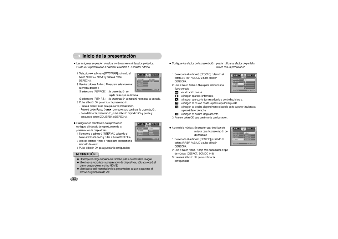 Samsung EC-L700ZSBA/FR, EC-L700ZSBA/DE, EC-L700ZBBA/FR, EC-L700ZSBE/E1, EC-L700ZBBE/E1 Inicio de la presentación, Derecha 