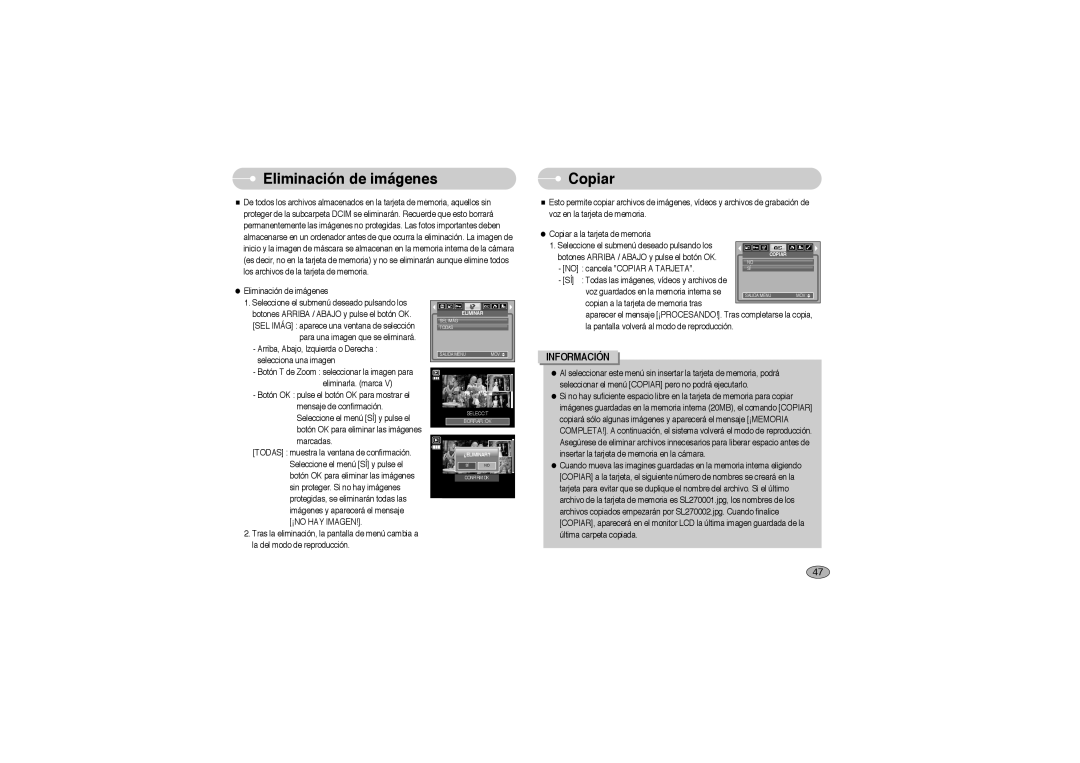 Samsung EC-L700ZSBA/DE, EC-L700ZBBA/FR, EC-L700ZSBE/E1, EC-L700ZBBE/E1, EC-L700ZBBA/E1 manual Eliminación de imágenes, Copiar 