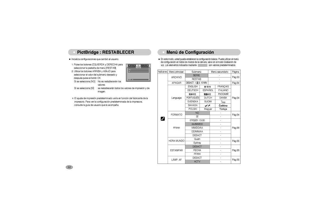 Samsung EC-L700ZSBA/FR, EC-L700ZSBA/DE, EC-L700ZBBA/FR, EC-L700ZSBE/E1 manual PictBridge Restablecer, Menú de Configuración 