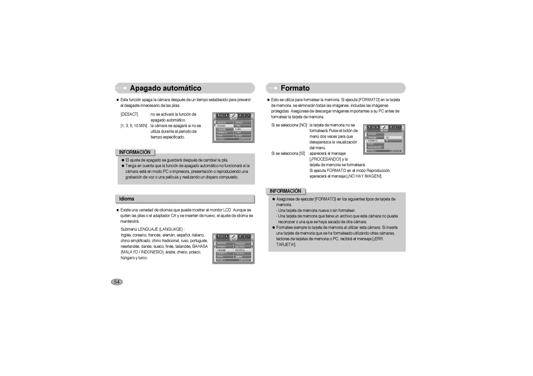 Samsung EC-L700ZBBA/DE, EC-L700ZSBA/DE, EC-L700ZBBA/FR, EC-L700ZSBE/E1, EC-L700ZBBE/E1 Apagado automático, Formato, Idioma 