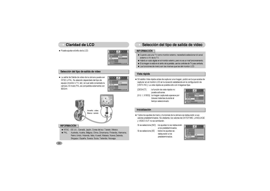 Samsung EC-L700ZBBA/FR manual Claridad de LCD, Selección del tipo de salida de vídeo, Vista rápida, Inicialización, Bdghi 