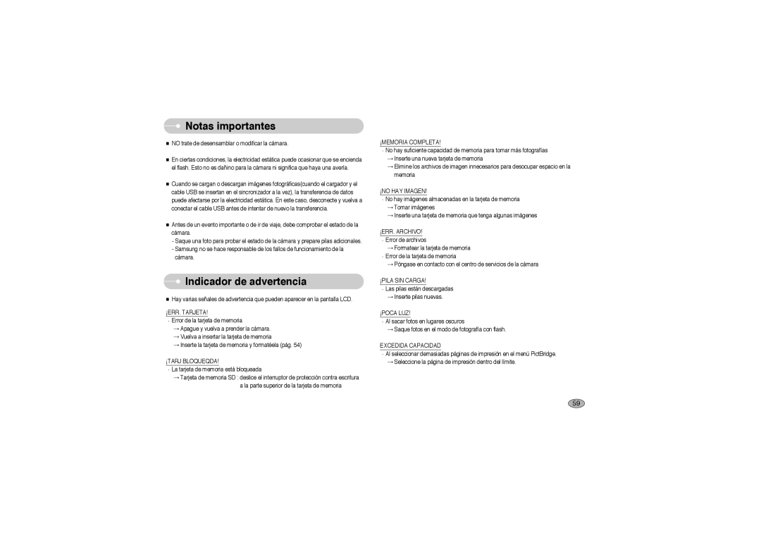 Samsung EC-L700ZBBA/E1, EC-L700ZSBA/DE, EC-L700ZBBA/FR, EC-L700ZSBE/E1, EC-L700ZBBE/E1 manual Indicador de advertencia 