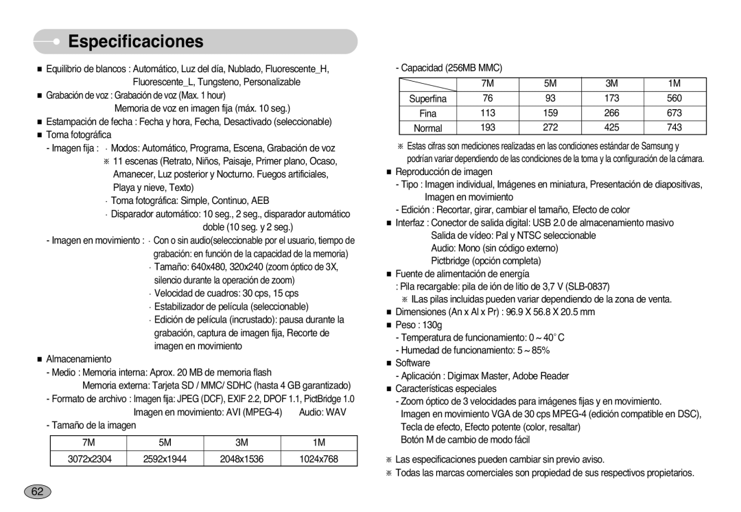 Samsung EC-L700ZBBA/DE, EC-L700ZSBA/DE, EC-L700ZBBA/FR, EC-L700ZSBE/E1, EC-L700ZBBE/E1, EC-L700ZBBA/E1 manual Especificaciones 