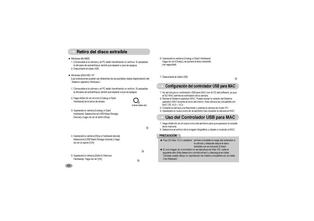 Samsung EC-L700ZSBA/FR, EC-L700ZSBA/DE, EC-L700ZBBA/FR manual Retiro del disco extraíble, Uso del Controlador USB para MAC 