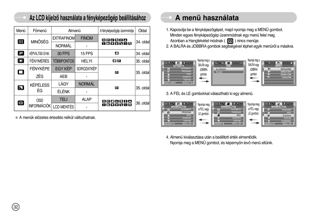 Samsung EC-L700ZBBA/FR, EC-L700ZSBA/DE, EC-L700ZSBE/E1, EC-L700ZBBE/E1, EC-L700ZBBA/E1, EC-L700ZSBA/FR manual Menü használata 