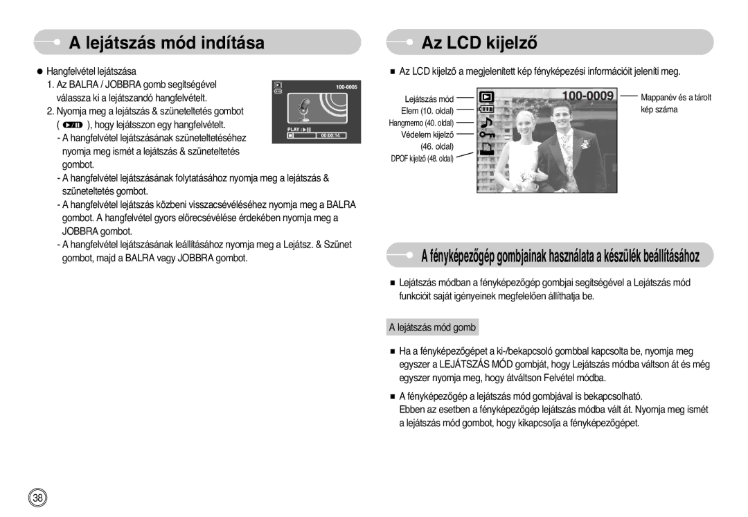 Samsung EC-L700ZBBA/DE, EC-L700ZSBA/DE manual Az LCD kijelzŒ, Hangfelvétel lejátszása Az Balra / Jobbra gomb segítségével 