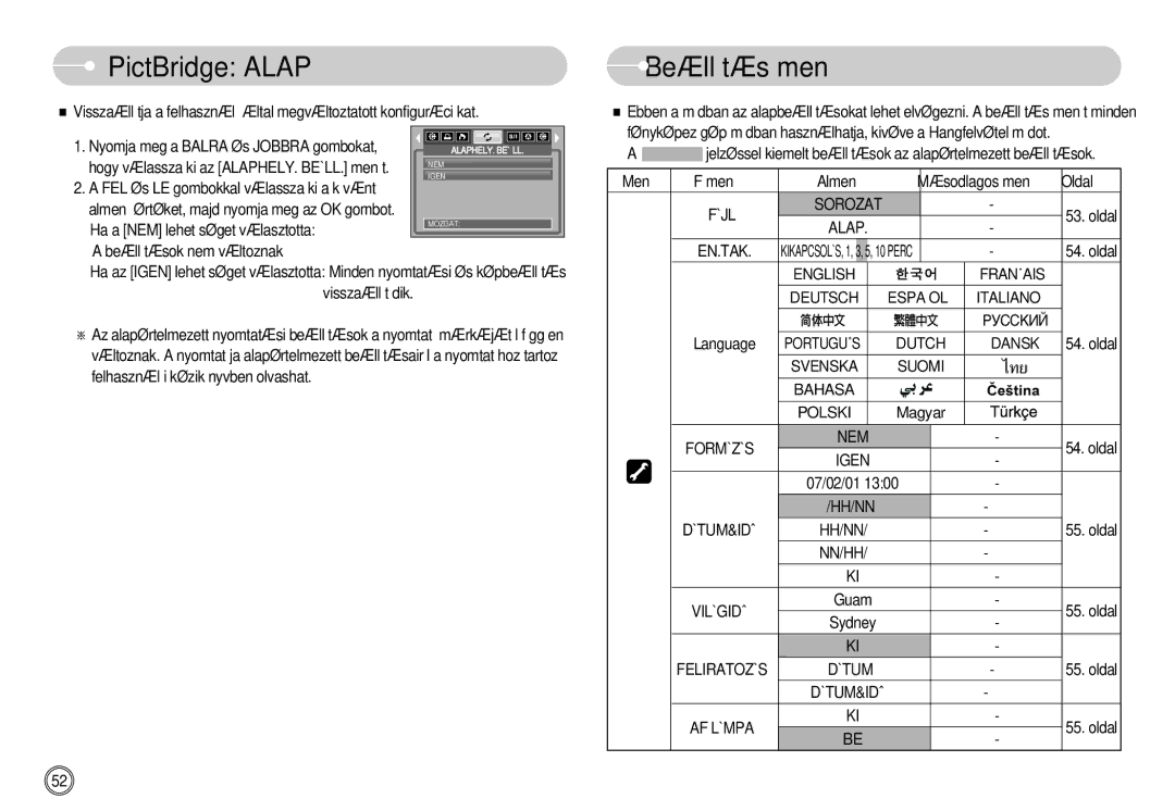 Samsung EC-L700ZSBA/FR, EC-L700ZSBA/DE, EC-L700ZBBA/FR, EC-L700ZSBE/E1, EC-L700ZBBE/E1 manual PictBridge Alap, Beállítás menü 