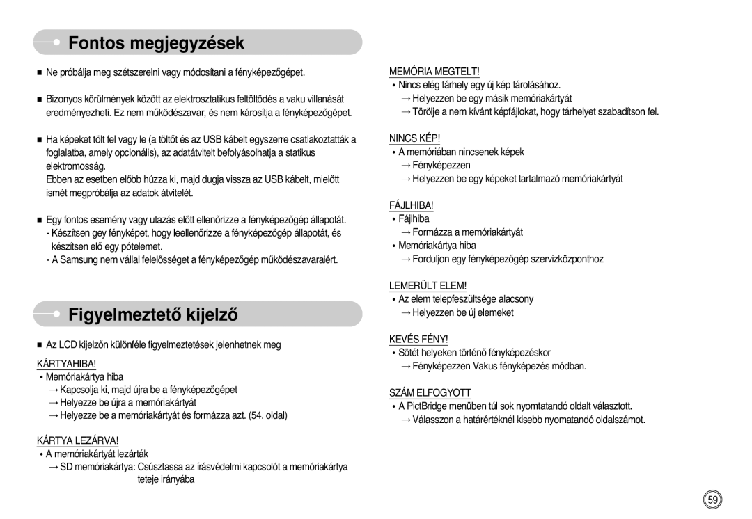 Samsung EC-L700ZBBA/E1, EC-L700ZSBA/DE, EC-L700ZBBA/FR, EC-L700ZSBE/E1, EC-L700ZBBE/E1, EC-L700ZSBA/FR FigyelmeztetŒ kijelzŒ 