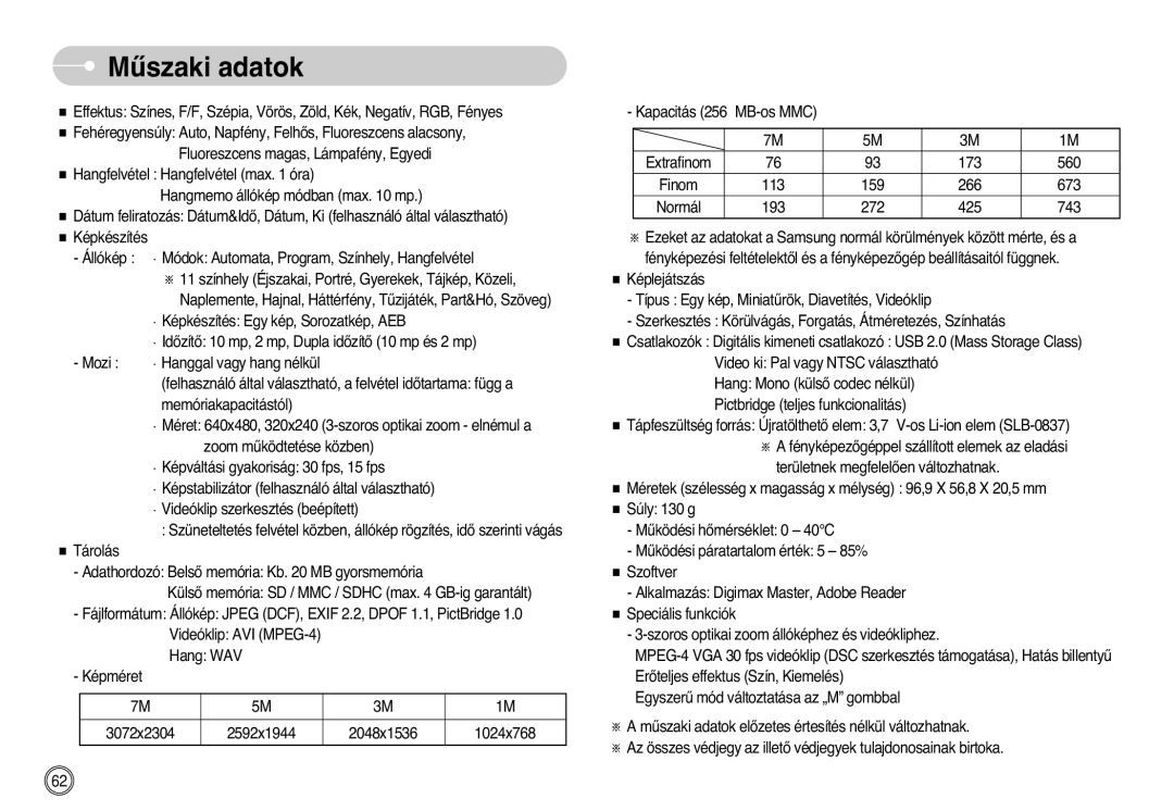 Samsung EC-L700ZBBA/DE, EC-L700ZSBA/DE, EC-L700ZBBA/FR, EC-L700ZSBE/E1, EC-L700ZBBE/E1, EC-L700ZBBA/E1 manual Mıszaki adatok 