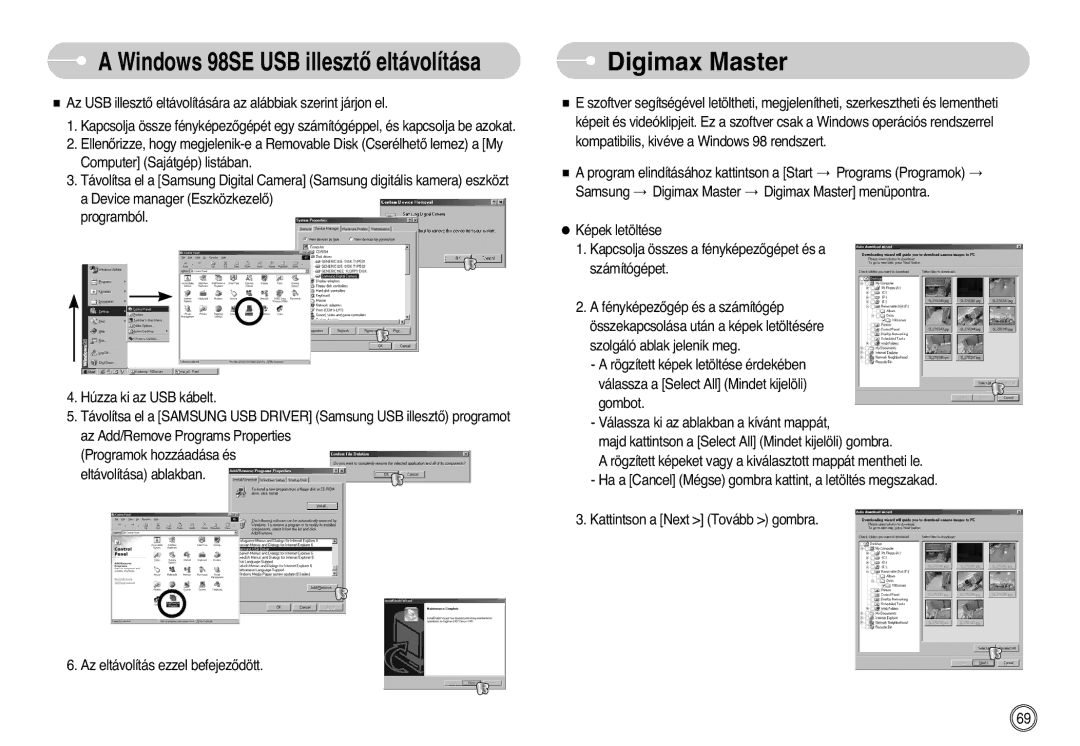 Samsung EC-L700ZSBA/E1, EC-L700ZSBA/DE, EC-L700ZBBA/FR manual Digimax Master, Windows 98SE USB illesztŒ eltávolítása 