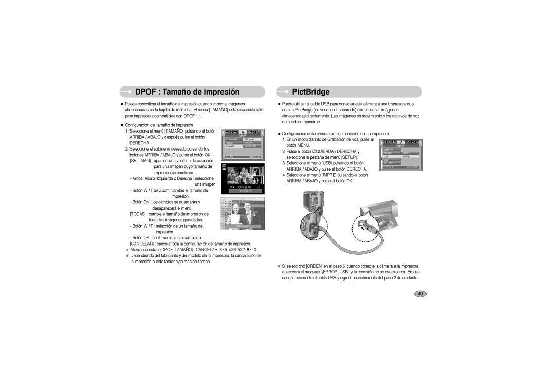 Samsung EC-L700ZSBE/E1 manual DPOF Tamaño de impresión, PictBridge, botón MENÚ, Pulse el botón IZQUIERDA / DERECHA y 