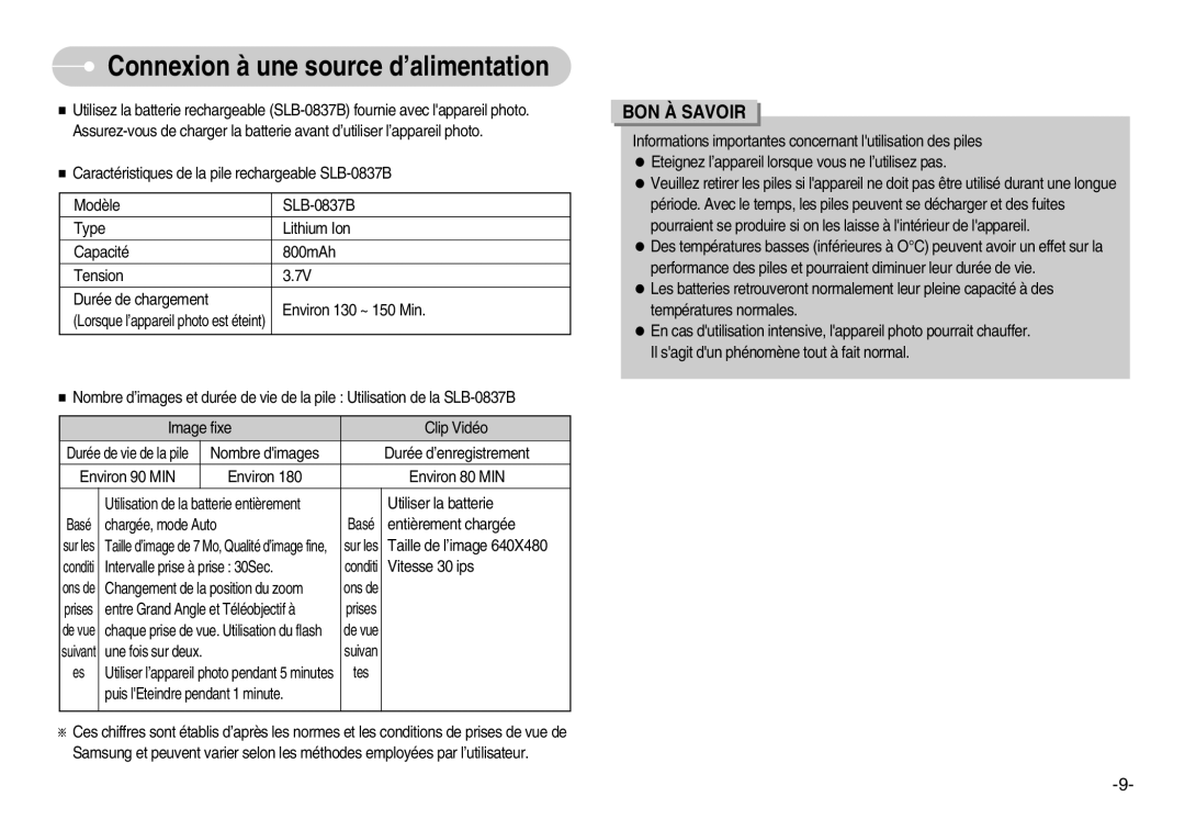 Samsung EC-L70ZZBBA/FR, EC-L70ZZSBA/FR, EC-L70ZZSBB/E1, EC-L70ZZBBA/DE manual Connexion à une source d’alimentation 