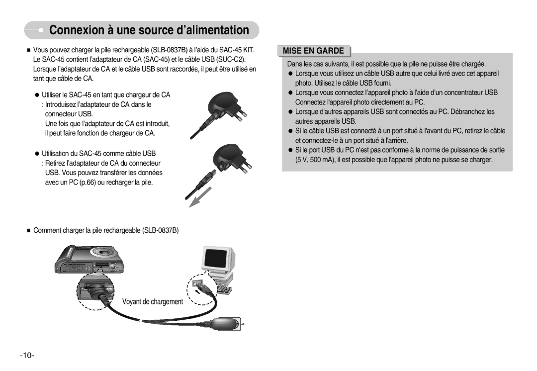 Samsung EC-L70ZZBBA/DE, EC-L70ZZSBA/FR, EC-L70ZZSBB/E1, EC-L70ZZBBA/FR manual Mise EN Garde 