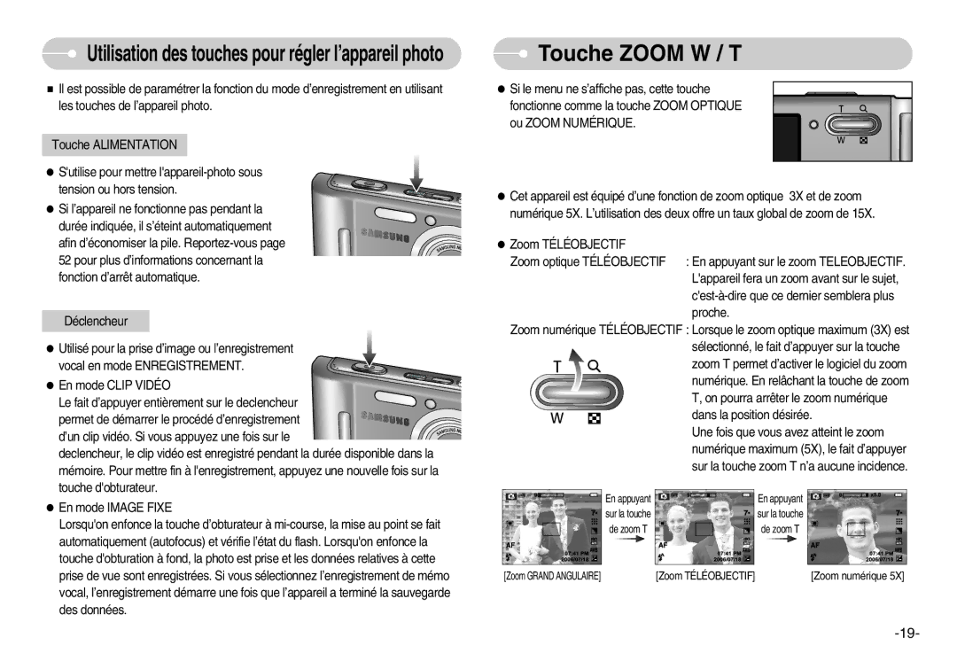 Samsung EC-L70ZZSBA/FR, EC-L70ZZSBB/E1 manual Touche Zoom W / T, Utilisation des touches pour régler l’appareil photo 