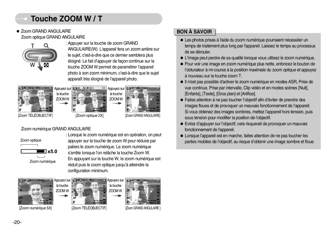 Samsung EC-L70ZZSBB/E1, EC-L70ZZSBA/FR, EC-L70ZZBBA/FR, EC-L70ZZBBA/DE manual Appuyer sur la touche de zoom W pour réduire par 