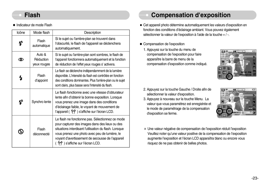 Samsung EC-L70ZZSBA/FR, EC-L70ZZSBB/E1, EC-L70ZZBBA/FR manual Compensation dexposition, Icône Mode flash Description 