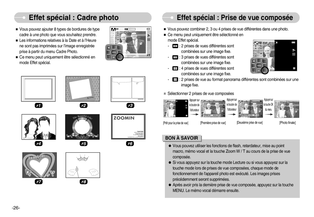 Samsung EC-L70ZZBBA/DE, EC-L70ZZSBA/FR, EC-L70ZZSBB/E1 manual Effet spécial Cadre photo, Effet spécial Prise de vue composée 