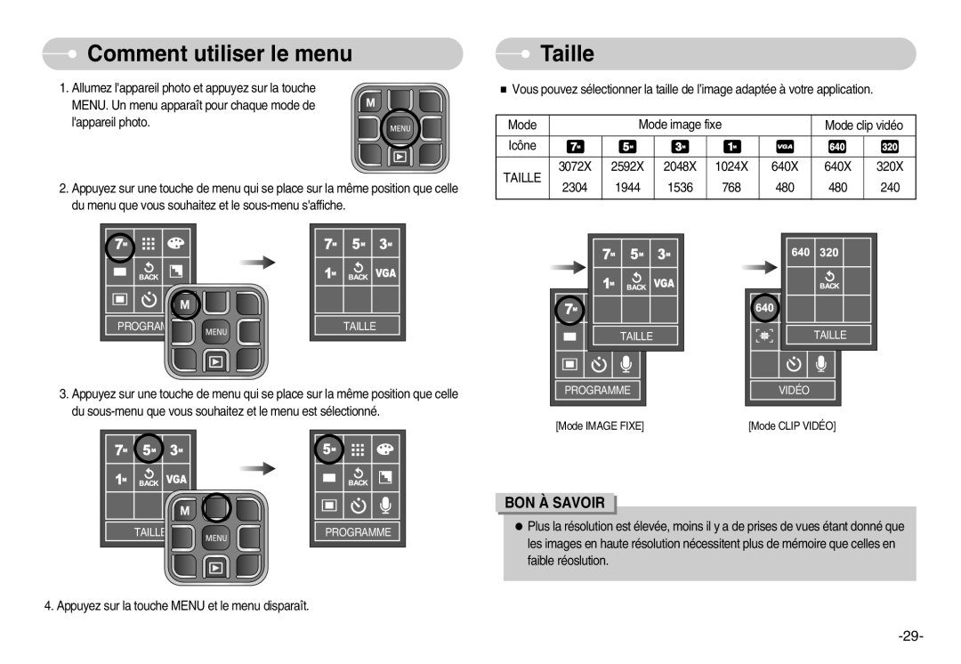 Samsung EC-L70ZZBBA/FR, EC-L70ZZSBA/FR, EC-L70ZZSBB/E1, EC-L70ZZBBA/DE manual Comment utiliser le menu, Taille 