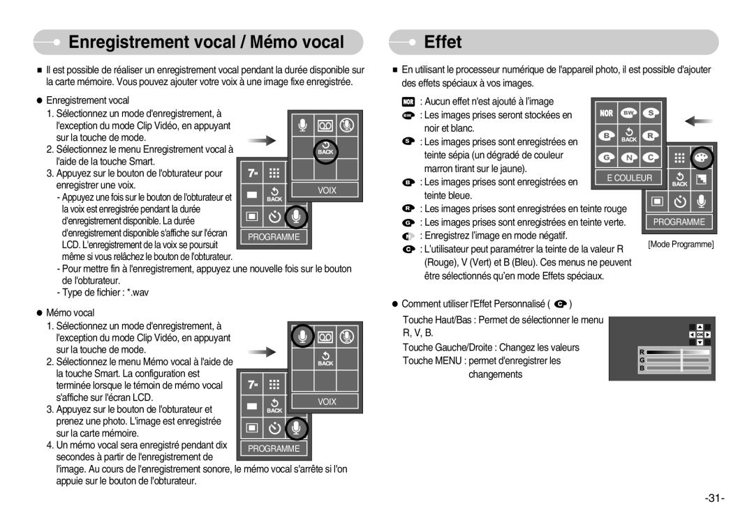 Samsung EC-L70ZZSBA/FR, EC-L70ZZSBB/E1, EC-L70ZZBBA/FR, EC-L70ZZBBA/DE manual Enregistrement vocal / Mémo vocal, Effet 