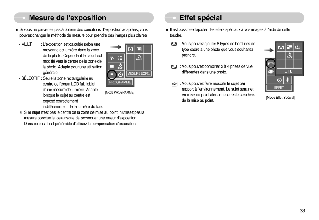 Samsung EC-L70ZZBBA/FR, EC-L70ZZSBA/FR, EC-L70ZZSBB/E1, EC-L70ZZBBA/DE manual Mesure de lexposition, Effet spécial 