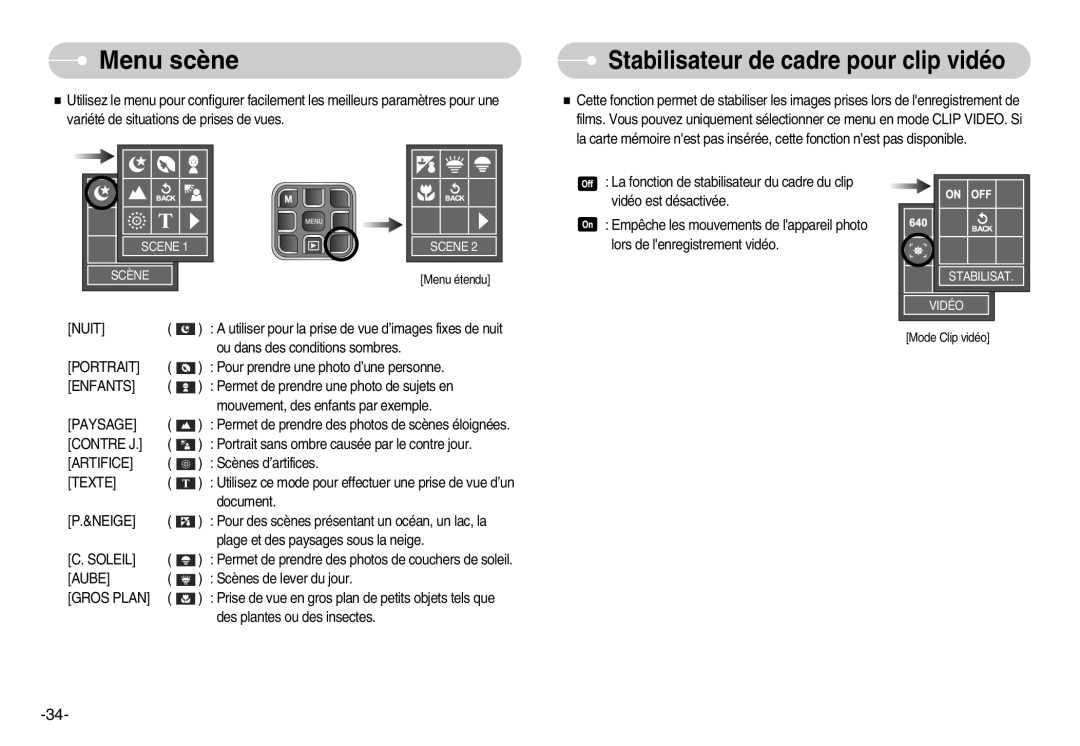 Samsung EC-L70ZZBBA/DE, EC-L70ZZSBA/FR, EC-L70ZZSBB/E1, EC-L70ZZBBA/FR manual Menu scène, Neige, Soleil 