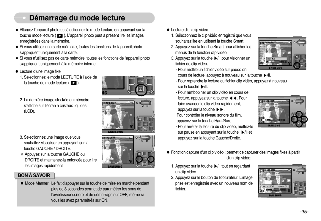 Samsung EC-L70ZZSBA/FR, EC-L70ZZSBB/E1, EC-L70ZZBBA/FR, EC-L70ZZBBA/DE manual Démarrage du mode lecture 