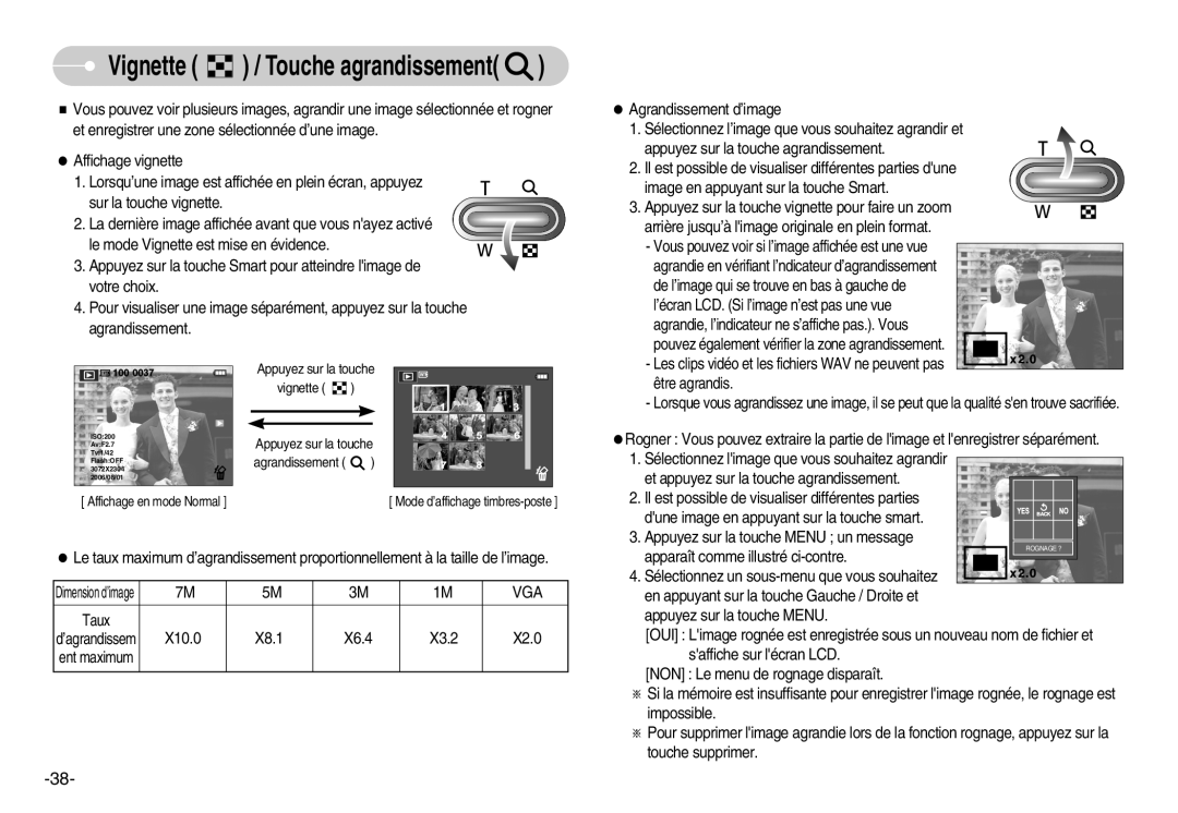 Samsung EC-L70ZZBBA/DE, EC-L70ZZSBA/FR, EC-L70ZZSBB/E1, EC-L70ZZBBA/FR manual Vignette / Touche agrandissement 