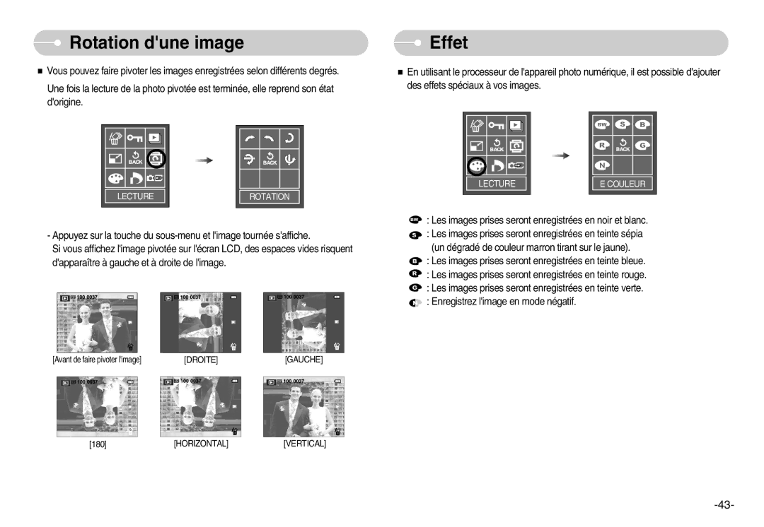 Samsung EC-L70ZZSBA/FR, EC-L70ZZSBB/E1, EC-L70ZZBBA/FR, EC-L70ZZBBA/DE manual Rotation dune image, Effet 