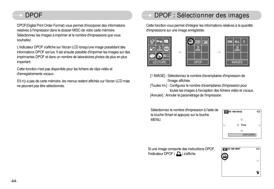 Samsung EC-L70ZZSBB/E1, EC-L70ZZSBA/FR, EC-L70ZZBBA/FR, EC-L70ZZBBA/DE manual Dpof Sélectionner des images 