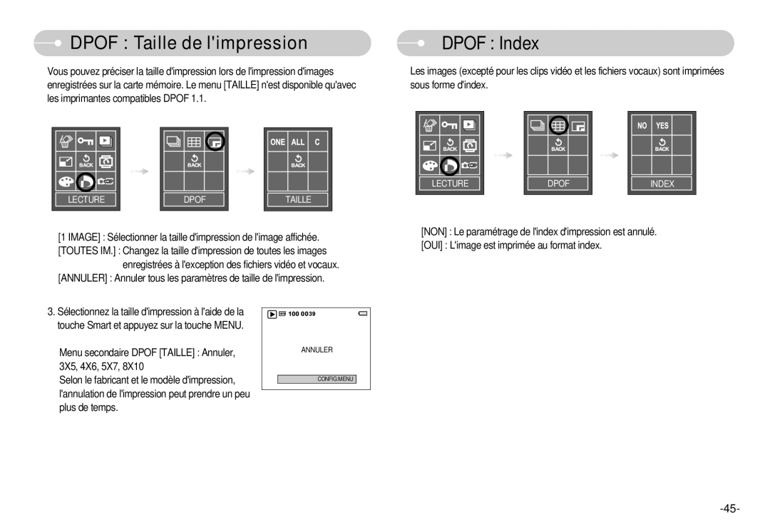 Samsung EC-L70ZZBBA/FR, EC-L70ZZSBA/FR, EC-L70ZZSBB/E1, EC-L70ZZBBA/DE manual Dpof Taille de limpression, Dpof Index 