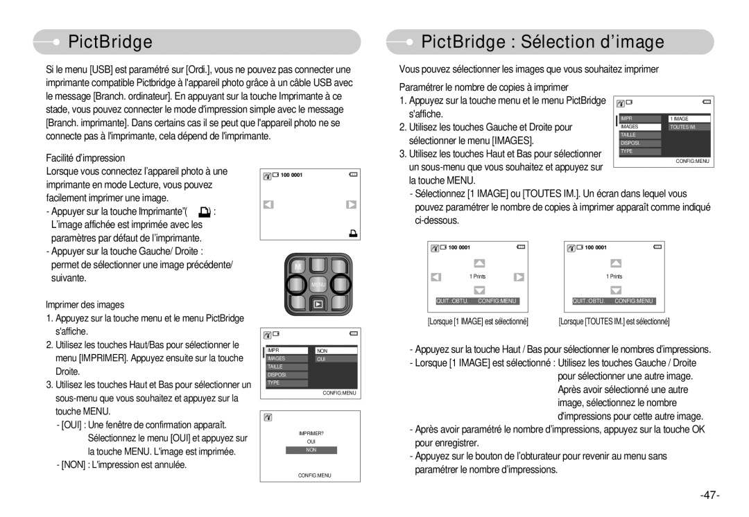 Samsung EC-L70ZZSBA/FR, EC-L70ZZSBB/E1, EC-L70ZZBBA/FR, EC-L70ZZBBA/DE manual PictBridge Sélection d’image 