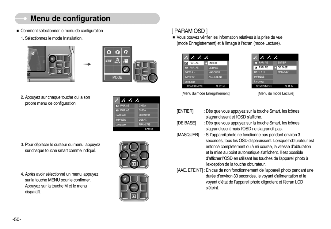 Samsung EC-L70ZZBBA/DE, EC-L70ZZSBA/FR, EC-L70ZZSBB/E1, EC-L70ZZBBA/FR manual Param OSD, Masquer 