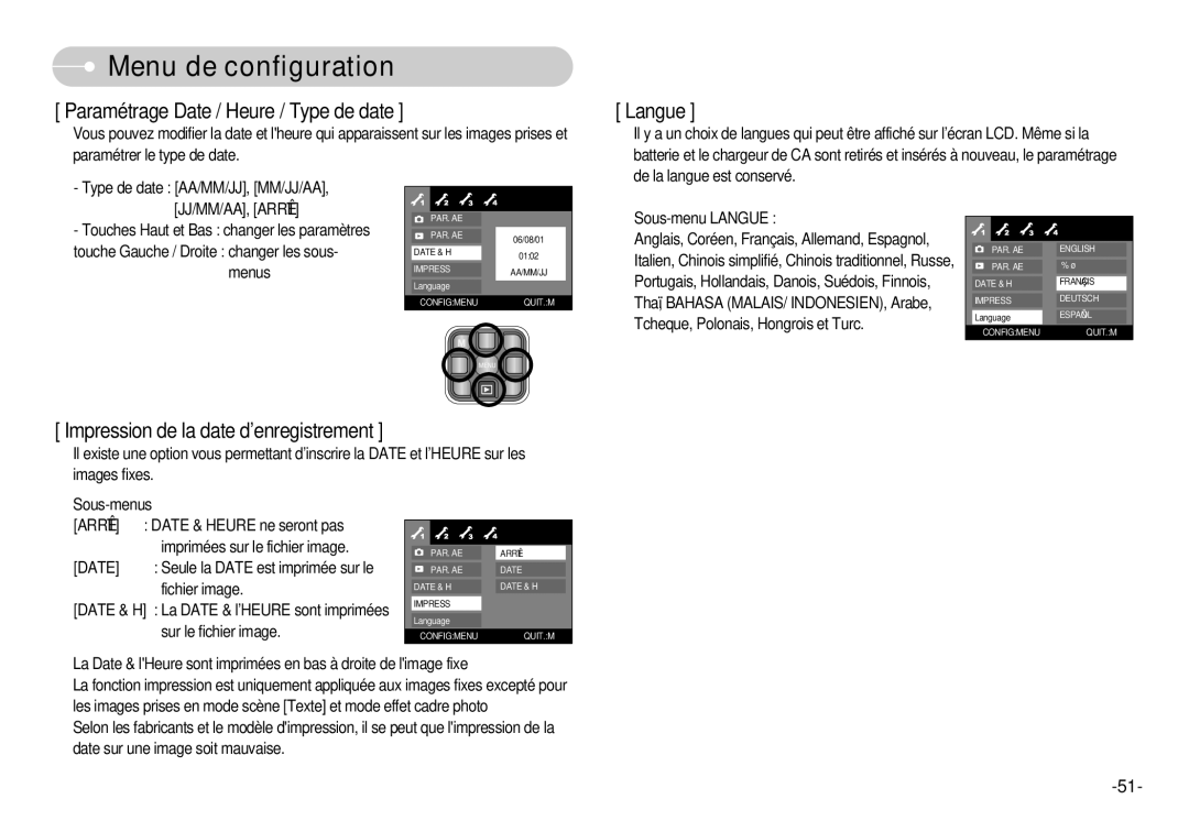 Samsung EC-L70ZZSBA/FR, EC-L70ZZSBB/E1, EC-L70ZZBBA/FR, EC-L70ZZBBA/DE manual Paramétrage Date / Heure / Type de date 